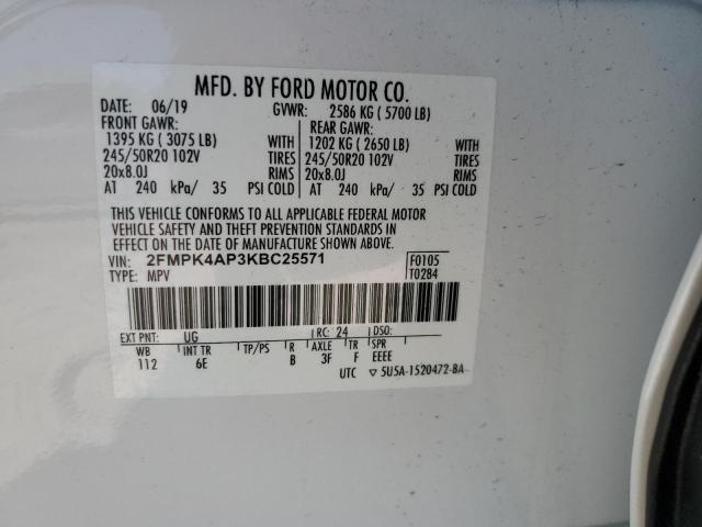 2FMPK4AP3KBC25571 - 2019 FORD EDGE ST WHITE photo 14