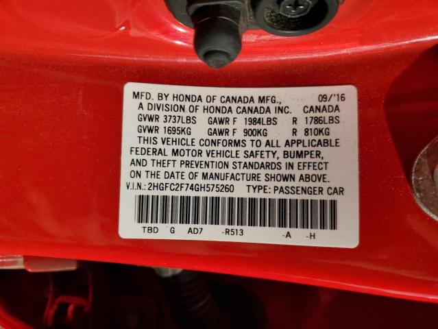 2HGFC2F74GH575260 - 2016 HONDA CIVIC EX RED photo 12