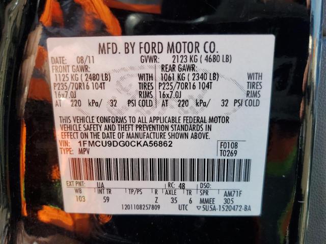 1FMCU9DG0CKA56862 - 2012 FORD ESCAPE XLT BLACK photo 12