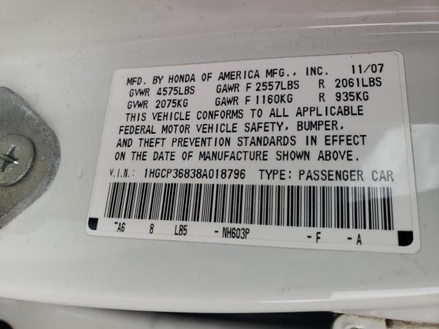 1HGCP36838A018796 - 2008 HONDA ACCORD EXL WHITE photo 12