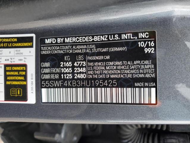 55SWF4KB3HU195425 - 2017 MERCEDES-BENZ C 300 4MATIC GRAY photo 12