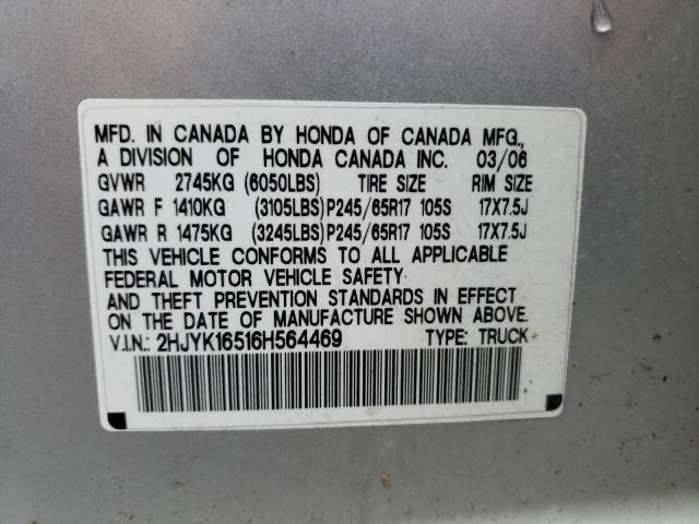 2HJYK16516H564469 - 2006 HONDA RIDGELINE RTL SILVER photo 12