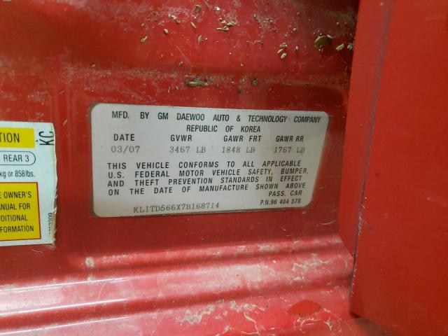 KL1TD566X7B168714 - 2007 CHEVROLET AVEO BASE 红色 照片 13