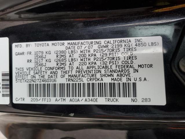 5TETX22N27Z460316 - 2007 TOYOTA TACOMA ACCESS CAB შავი ფოტო 12