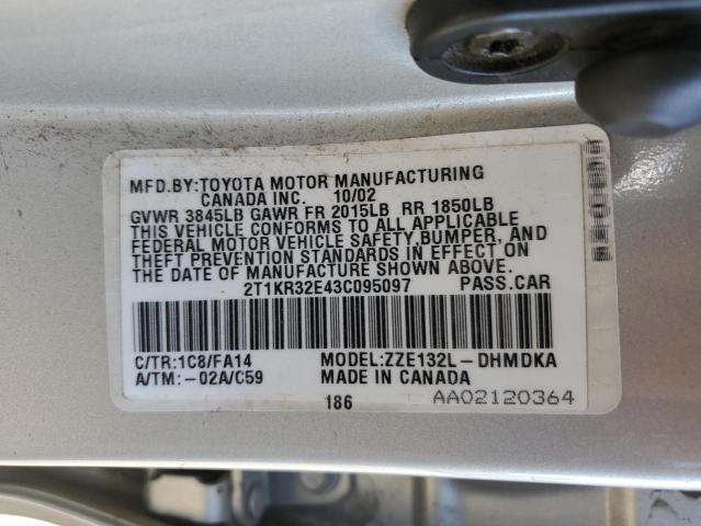 2T1KR32E43C095097 - 2003 TOYOTA COROLLA MA XR SILVER photo 13