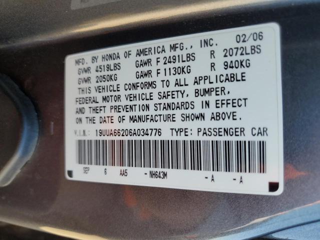 19UUA66206A034776 - 2006 ACURA 3.2TL GRAY photo 12