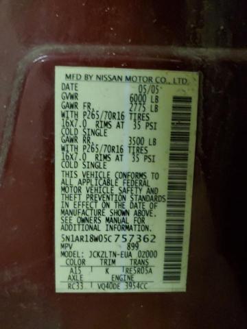 5N1AR18W05C757362 - 2005 NISSAN PATHFINDER LE მუქწითელი ფოტო 12