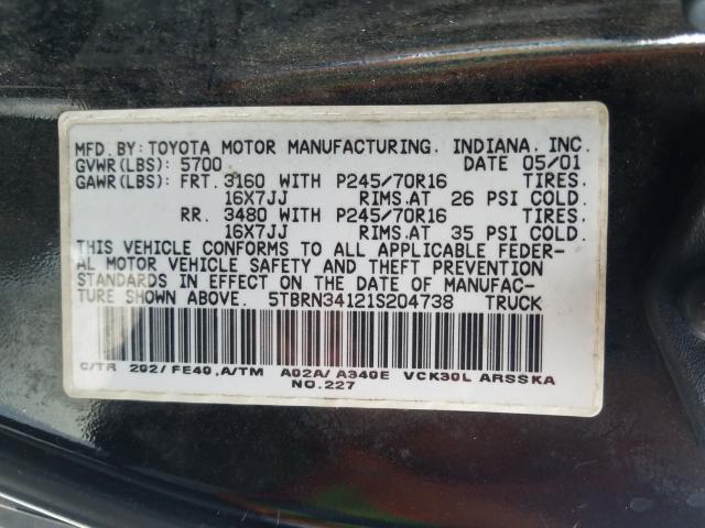 5TBRN34121S204738 - 2001 TOYOTA TUNDRA ACCESS CAB SR5 BLACK photo 10