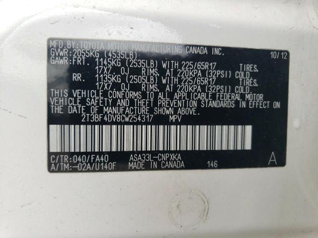 2T3BF4DV8CW254317 - 2012 TOYOTA RAV4 WHITE photo 12