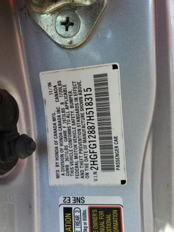 2HGFG12887H518315 - 2007 HONDA CIVIC EX SILVER photo 12