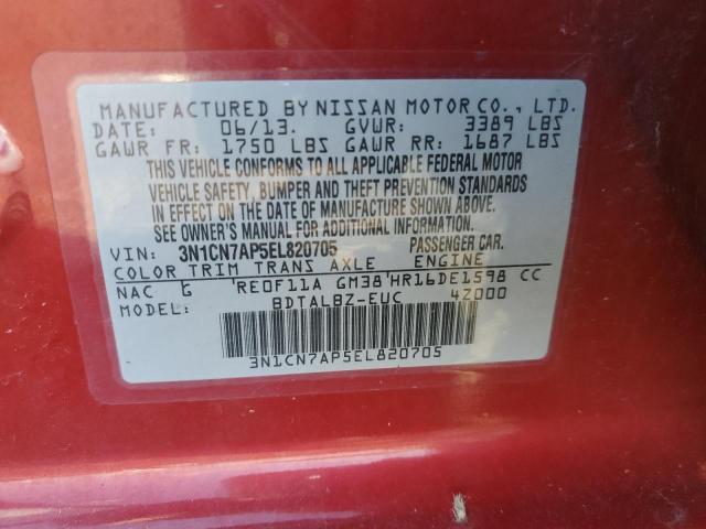 3N1CN7AP5EL820705 - 2014 NISSAN VERSA S RED photo 12