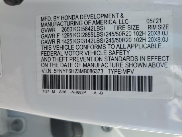 5FNYF6H23MB086373 - 2021 HONDA PILOT SE WHITE photo 12