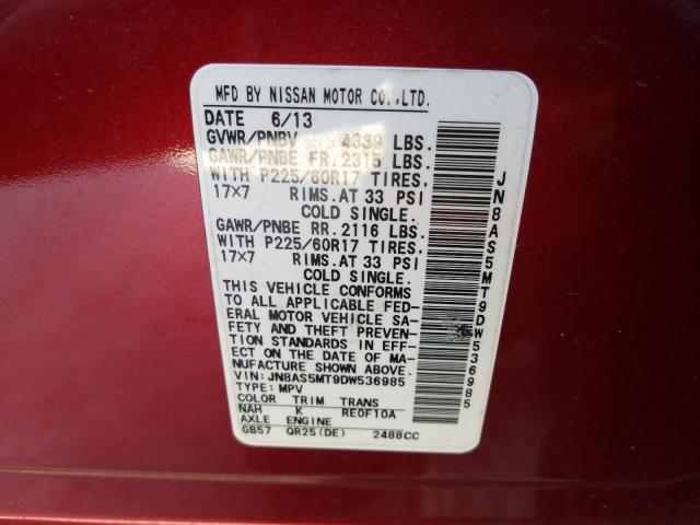 JN8AS5MT9DW536985 - 2013 NISSAN ROGUE S RED photo 10