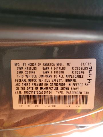 1HGCS1B72CA008124 - 2012 HONDA ACCORD EX GRAY photo 12