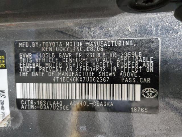 4T1BE46KX7U062367 - 2007 TOYOTA CAMRY CE GRAY photo 12