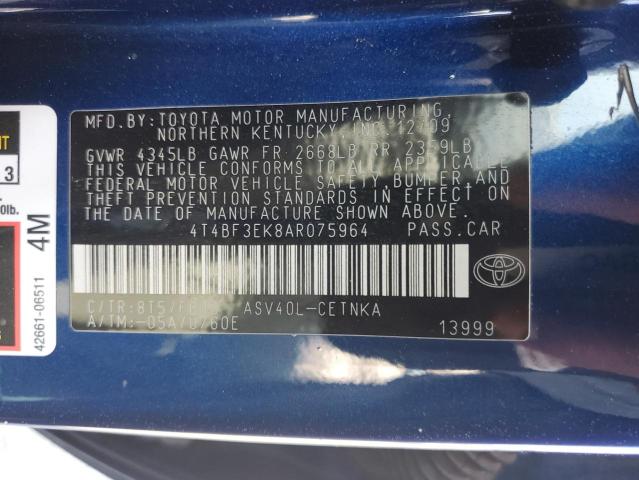 4T4BF3EK8AR075964 - 2010 TOYOTA CAMRY BASE BLUE photo 12