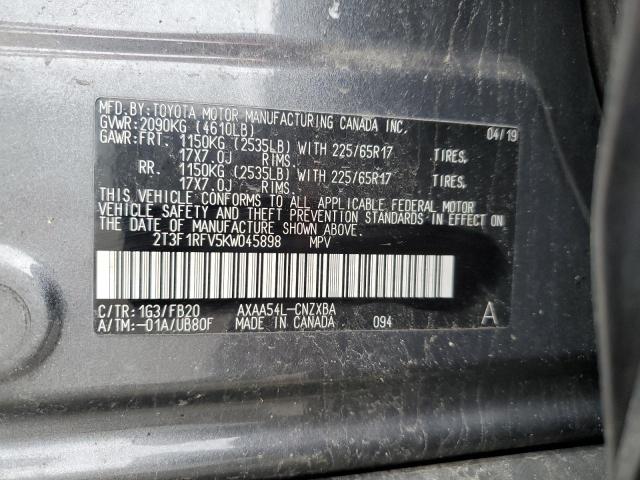 2T3F1RFV5KW045898 - 2019 TOYOTA RAV4 LE GRAY photo 12