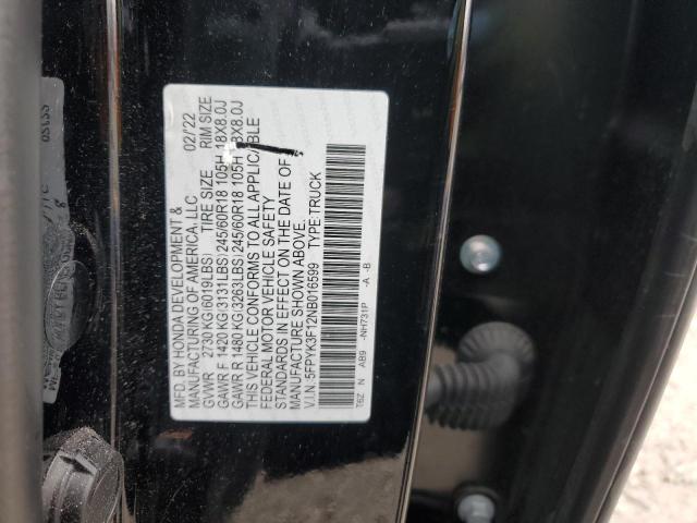 5FPYK3F12NB016599 - 2022 HONDA RIDGELINE SPORT BLACK photo 12