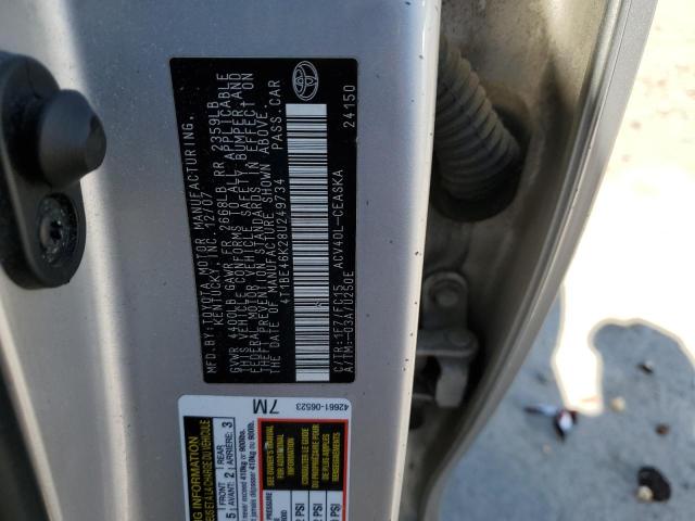 4T1BE46K28U249734 - 2008 TOYOTA CAMRY CE SILVER photo 12