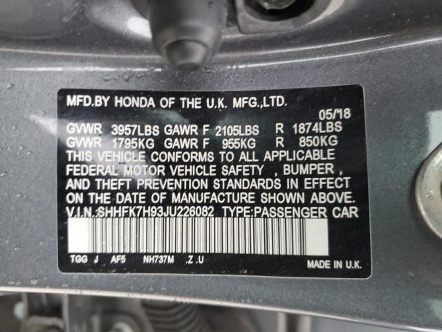 SHHFK7H93JU226082 - 2018 HONDA CIVIC SPORT TOURING GRAY photo 12