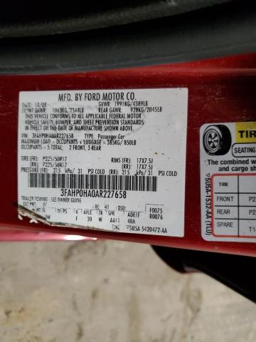 3FAHP0HA0AR227658 - 2010 FORD FUSION SE RED photo 12