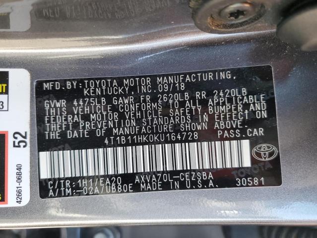 4T1B11HK0KU164728 - 2019 TOYOTA CAMRY L GRAY photo 13