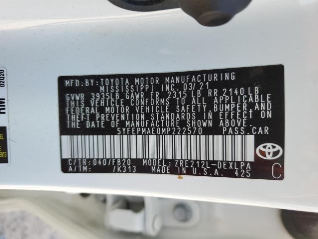 5YFEPMAE0MP222570 - 2021 TOYOTA COROLLA LE WHITE photo 12