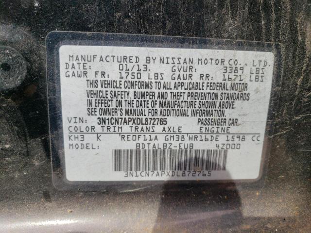 3N1CN7APXDL872765 - 2013 NISSAN VERSA S BLACK photo 12