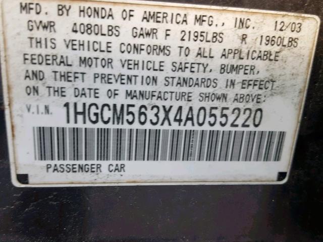 1HGCM563X4A055220 - 2004 HONDA ACCORD LX  photo 10