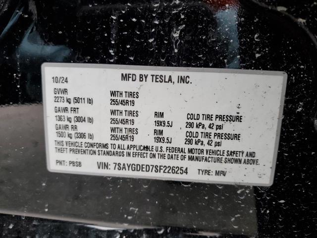 7SAYGDED7SF226254 - 2025 TESLA MODEL Y BLACK photo 13