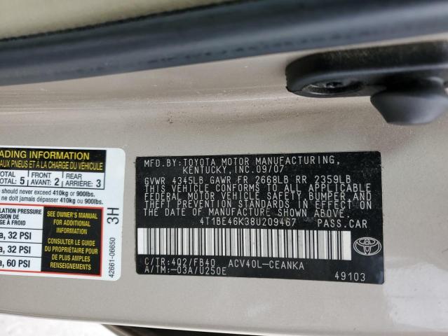 4T1BE46K38U209467 - 2008 TOYOTA CAMRY CE TAN photo 12