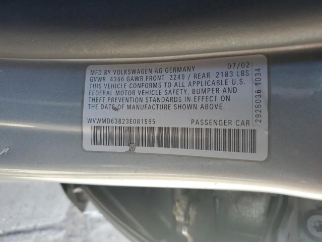 WVWMD63B23E081595 - 2003 VOLKSWAGEN PASSAT GL GRAY photo 12