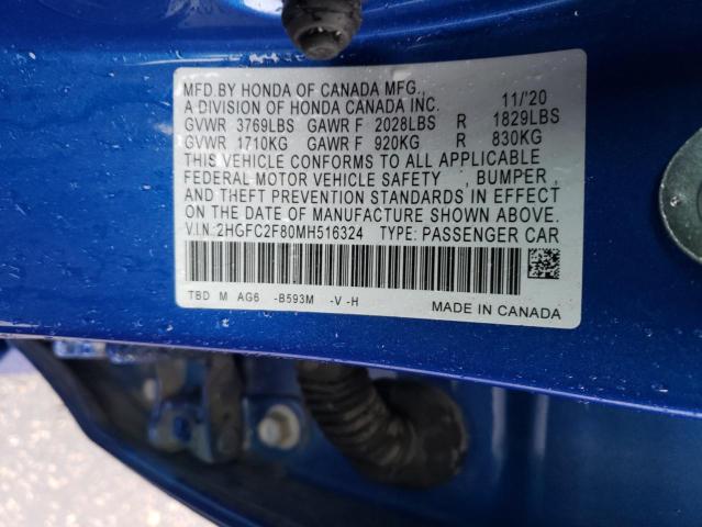 2HGFC2F80MH516324 - 2021 HONDA CIVIC SPORT 蓝色 照片 12