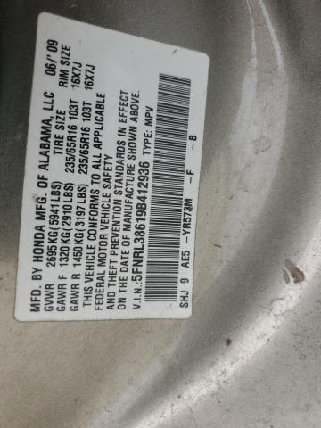 5FNRL38619B412936 - 2009 HONDA ODYSSEY EXL GOLD photo 13