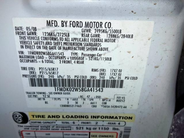 1FMDK02W58GA41543 - 2008 FORD TAURUS X SEL WHITE photo 10