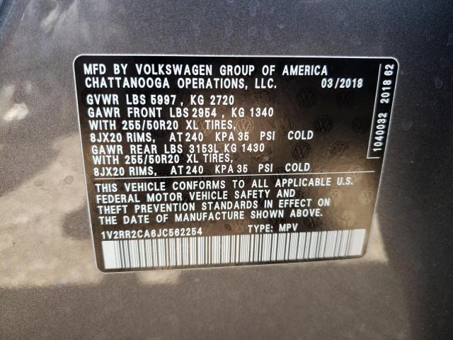 1V2RR2CA6JC562254 - 2018 VOLKSWAGEN ATLAS SEL GRAY photo 10