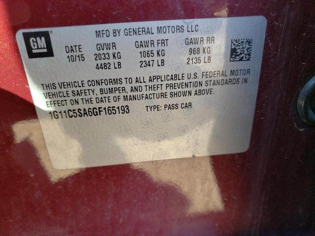 1G11C5SA6GF165193 - 2016 CHEVROLET MALIBU LIM LT BURGUNDY photo 12