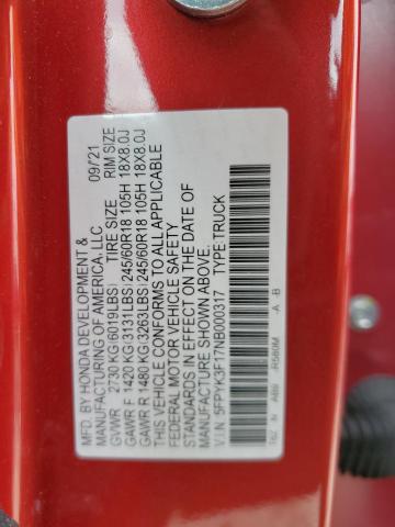 5FPYK3F17NB000317 - 2022 HONDA RIDGELINE SPORT RED photo 13