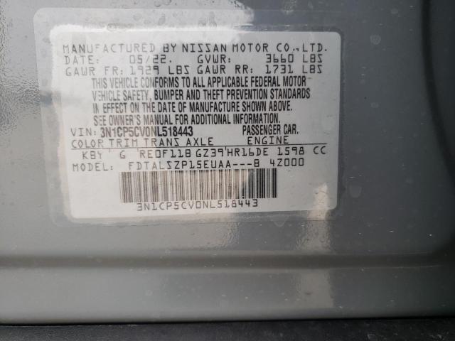 3N1CP5CV0NL518443 - 2022 NISSAN KICKS SV GRAY photo 12