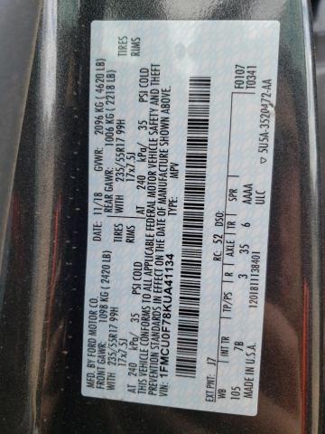 1FMCU0F78KUA41134 - 2019 FORD ESCAPE S GRAY photo 12