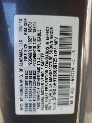 5FNRL5H91DB066725 - 2013 HONDA ODYSSEY TOURING GRAY photo 12