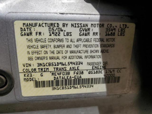 3N1CB51D96L594334 - 2006 NISSAN SENTRA 1.8 GRAY photo 12