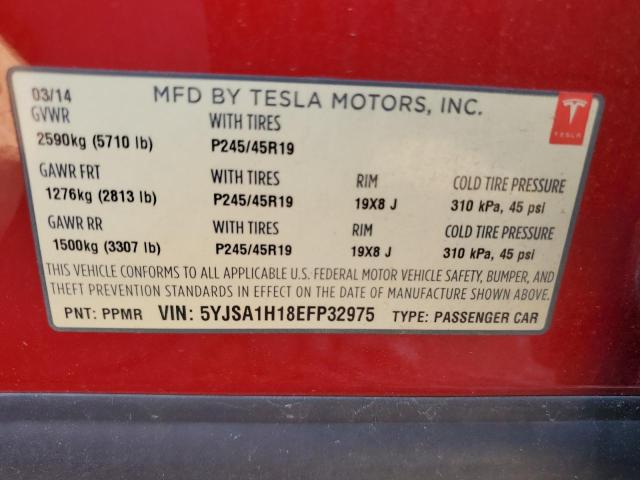 5YJSA1H18EFP32975 - 2014 TESLA MODEL S RED photo 12
