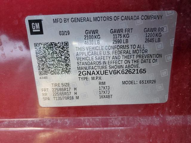 2GNAXUEV6K6262165 - 2019 CHEVROLET EQUINOX LT RED photo 13