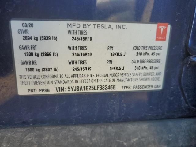 5YJSA1E25LF382456 - 2020 TESLA MODEL S BLUE photo 12