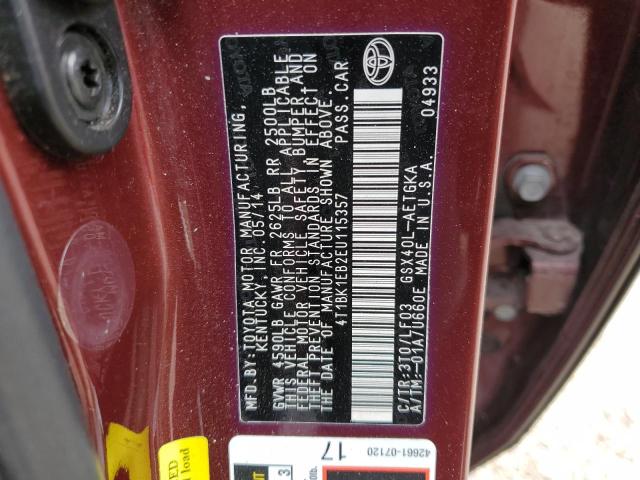 4T1BK1EB2EU115357 - 2014 TOYOTA AVALON BASE 栗色 照片 12