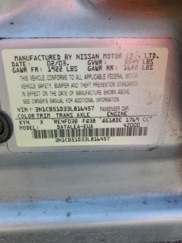 3N1CB51D33L816457 - 2003 NISSAN SENTRA XE SILVER photo 12