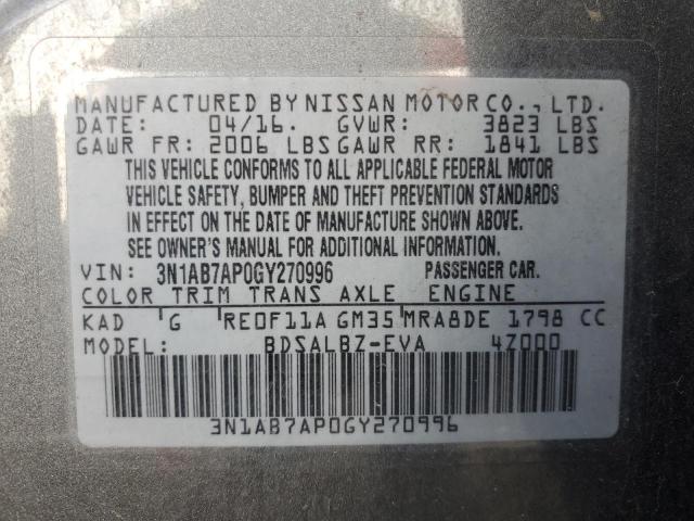 3N1AB7AP0GY270996 - 2016 NISSAN SENTRA S GRAY photo 12