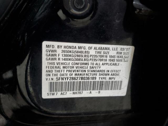 5FNYF28627B036189 - 2007 HONDA PILOT EXL BLACK photo 13