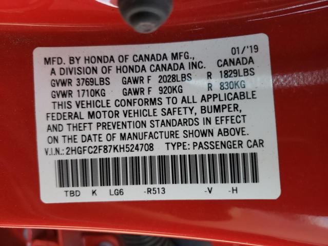 2HGFC2F87KH524708 - 2019 HONDA CIVIC SPORT 红色 照片 12